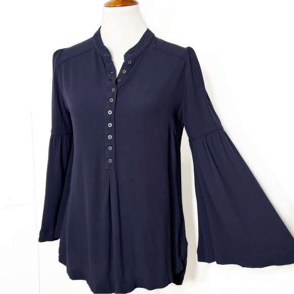 Free People Navy Blue Henley 3/4 Bell Sleeve High Low Tunic Peasant Top - Picture 5 of 15